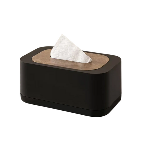 Modern Black Tissue Box Holder with Wooden Top