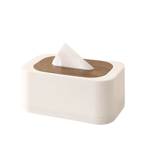 Tissue box with wooden top on a white background