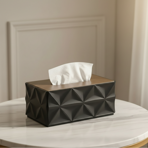 Geometric Textured Matte Black & Walnut Tissue Box Cover
