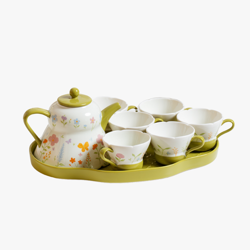 Fresh Sage Green Floral Garden Tea Set with Scalloped Cups