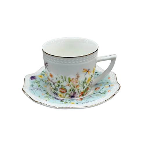 Elegant Flower & Dragonfly Teacup with Saucer Set of 6