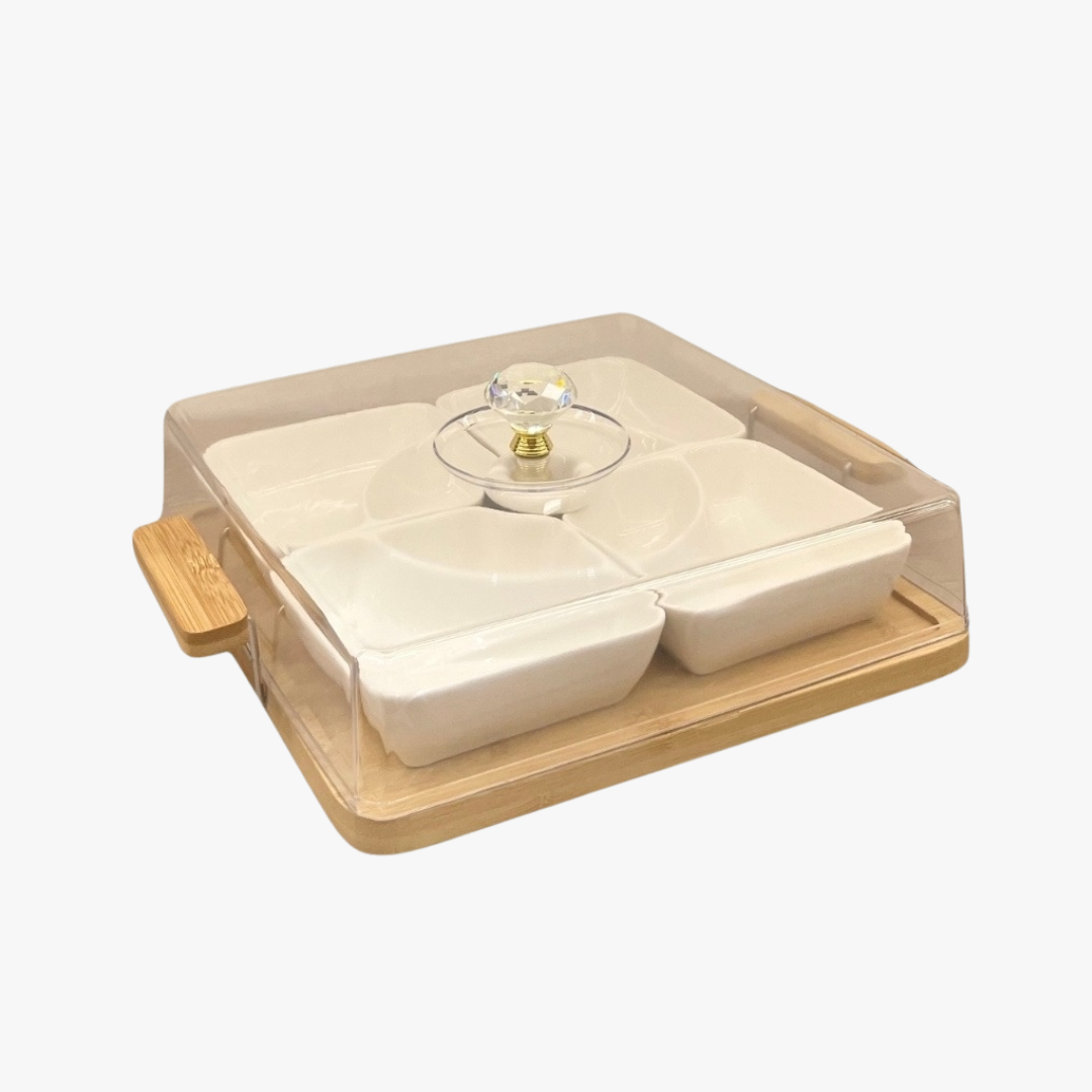 Modern White Serving Set with Bamboo Base Tray