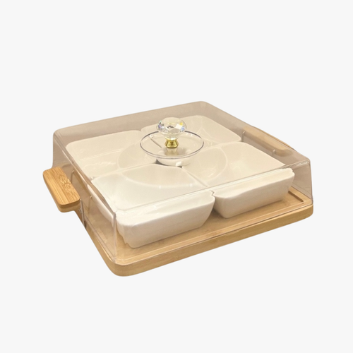 Modern White Serving Set with Bamboo Base Tray