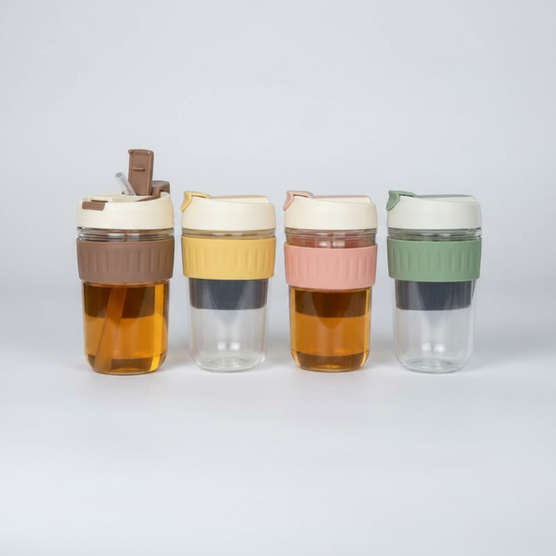 2-in-1 Dual Glass Travel Mugs with Straw & Flip Cap