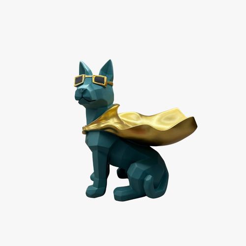 Modern Superhero Dog Statue with Gold Sunglasses & Cape