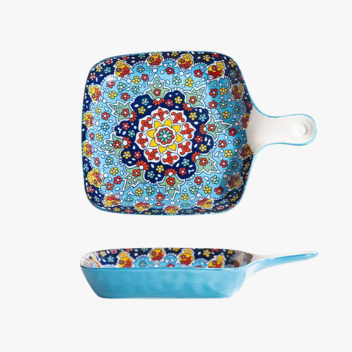Elegant Blue Mandala Serving Tray with Handle 9 Inch