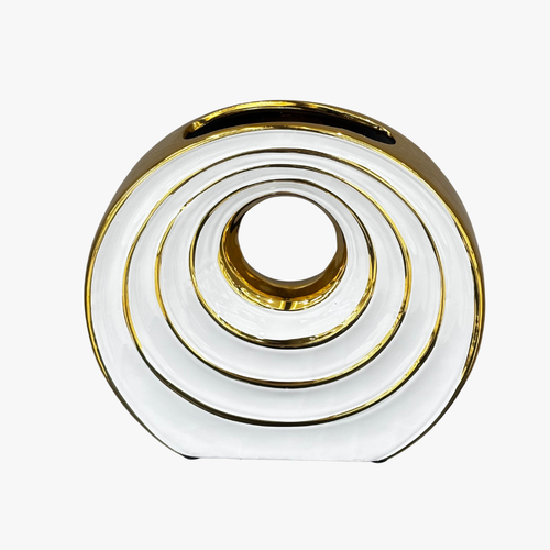 Elegant Concentric Ring Vase in White & Gold