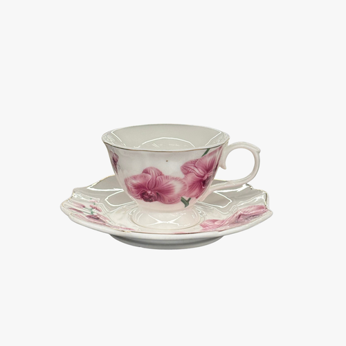 Imperial Pink Orchid Teacup & Saucer Set with Gold Rim