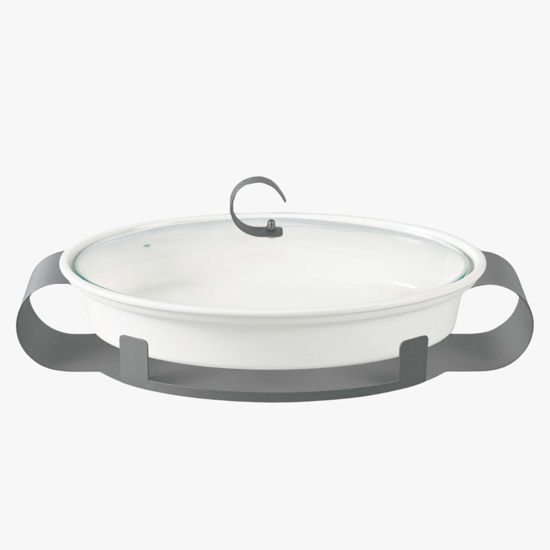 Oval Ceramic Baking Dish with Glass Lid and Metal Stand