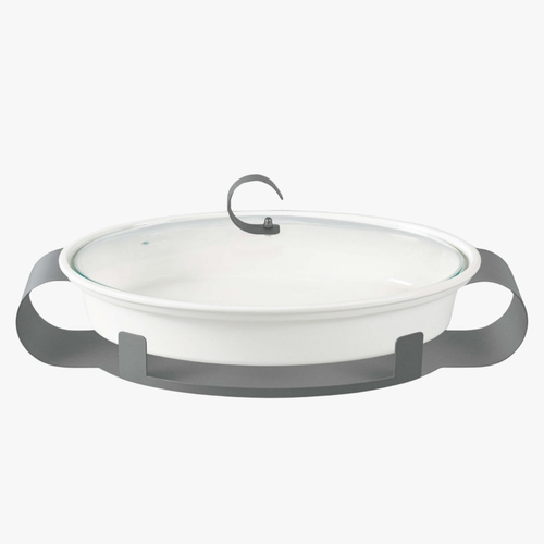 Oval Ceramic Baking Dish with Glass Lid and Metal Stand