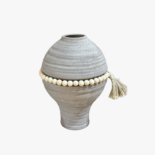 Stone Grey Textured Vase with Wooden Bead Garland