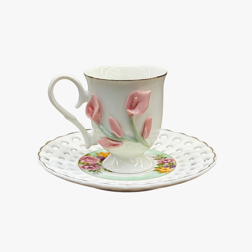 Imperial White & Pink Calla Lily Cup & Saucer Set of 6