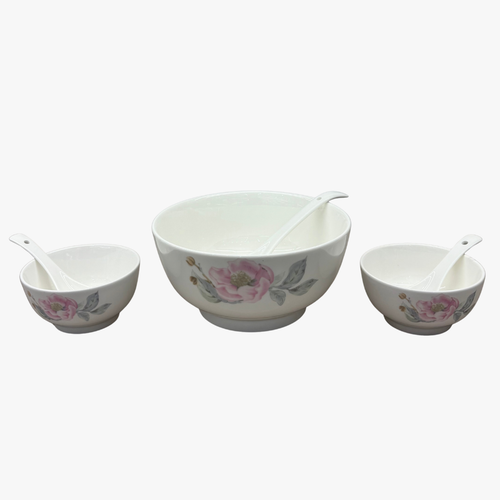 Vintage Camellia Fine Ceramic Soup & Serving Bowl Set 14 Piece