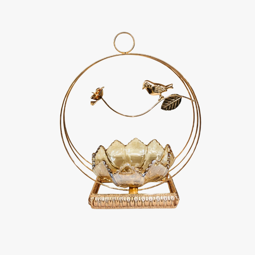 Elegant Glass Bowl with Gold Bird Hoop Stand