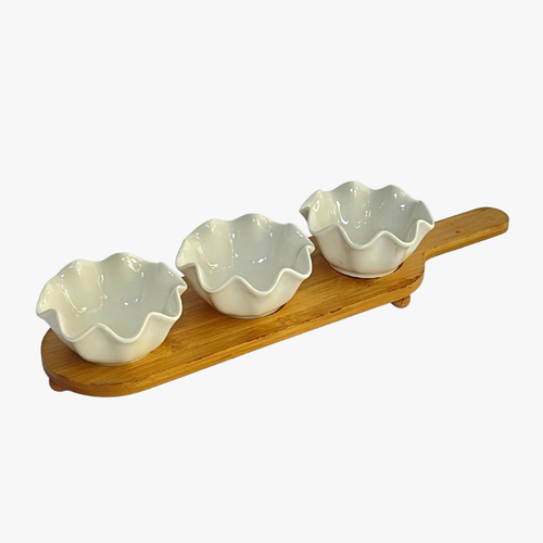 Elegant Ruffled Dip Set with Wooden Serving Paddle Board Set of 3