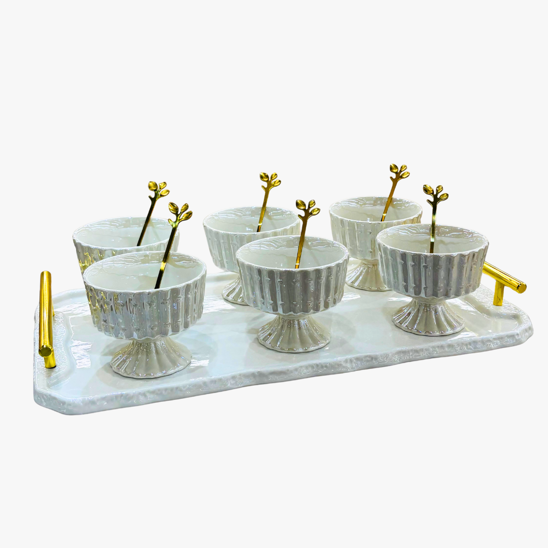 Elegant Ice Cream Cups with Gold Leaf Spoons & Tray 13 Piece