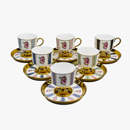 Luxury Floral Gold Rim Tea Cup & Saucer Set of 6
