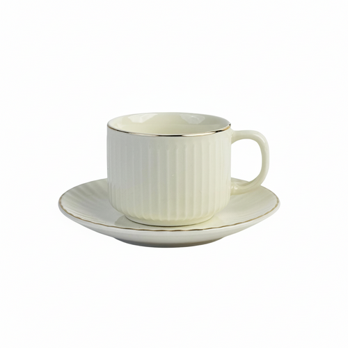Ivory Tea Cup & Saucer Set with Gold Rim Set of 6