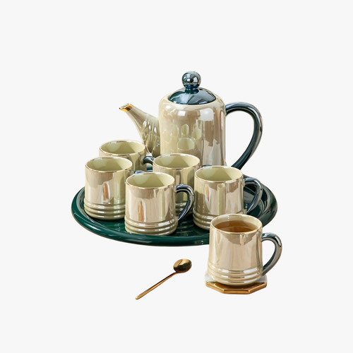 Luxury Green & Peral Ceramic Tea Set with Tray 8 Piece