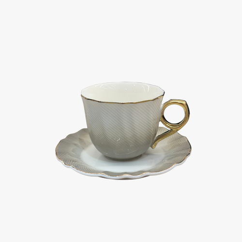 Modern Pearl Grey Swirl Teacup with Gold Handle 12 Piece