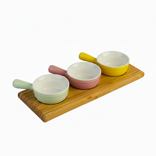Pastel Bowl Set with Natural Bamboo Tray