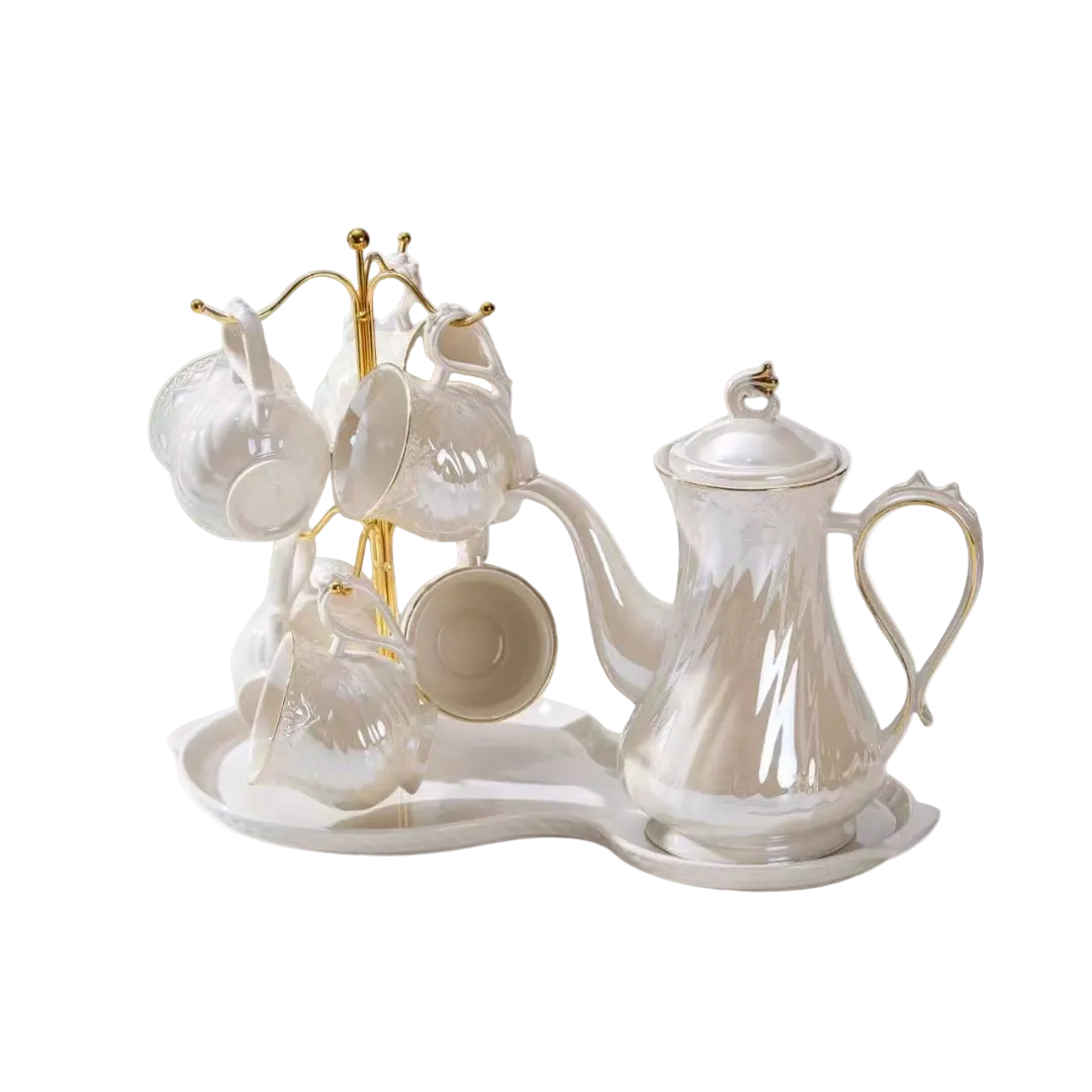 Elegant Pearl Swirl Tea Set With Tray & Stand