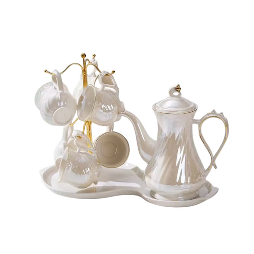 Elegant Pearl Swirl Tea Set With Tray & Stand