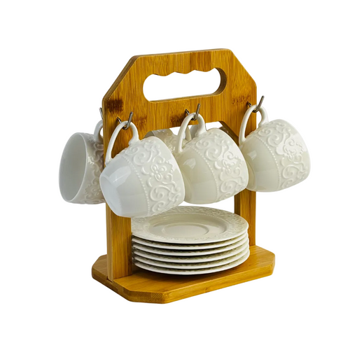 Heritage Tea Cup & Saucer with Wooden Stand Set of 6