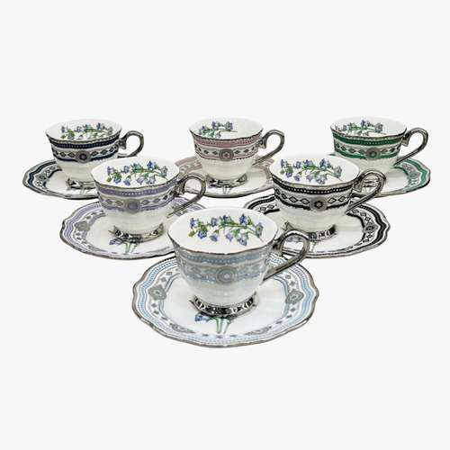 Elegant Floral Cups with Scalloped Saucers & Silver Base Set of 6