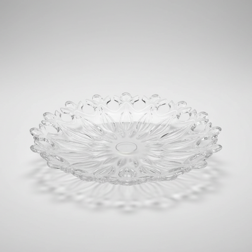 Diamond Cut Glass Round Serving Dish with Scalloped Edge 14 Inch