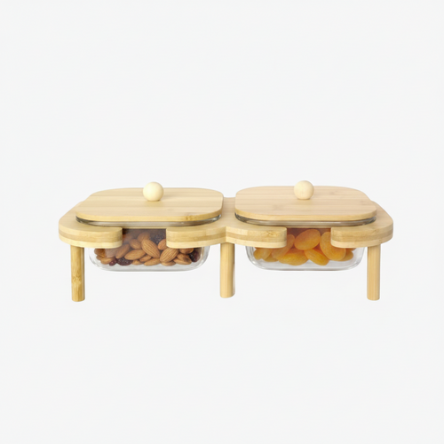 Bamboo Serving Stand with 2 Glass Bowls & Lids