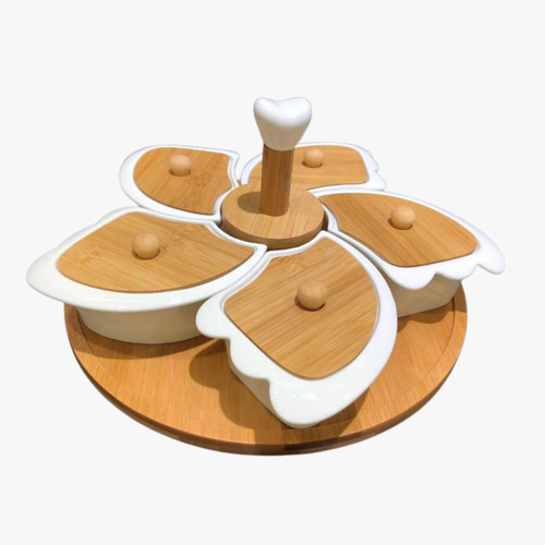 Elegant Flower Serving Set with Wooden Carrying Handle & Bamboo Tray