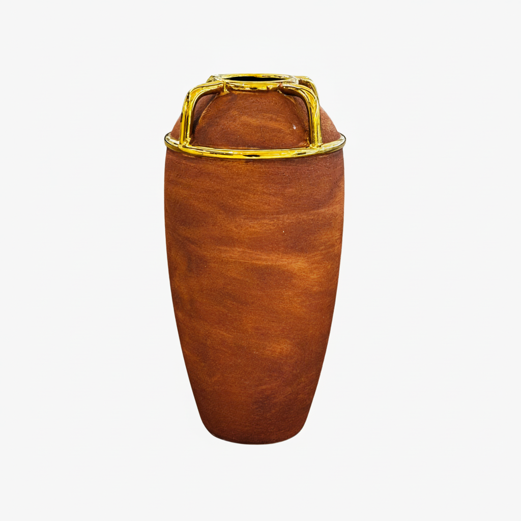 Rustic Textured Vase with Gold Handle Accents