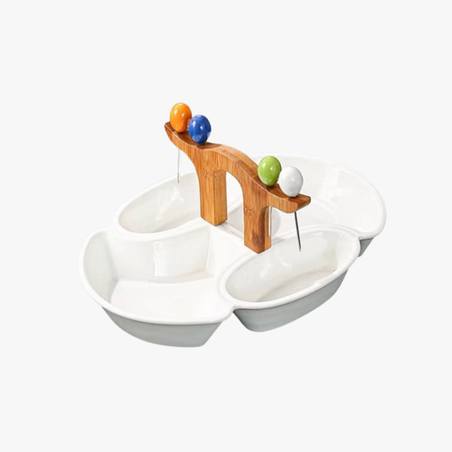 Multi-Compartment Serving Platter with Bamboo Handle & Skewers