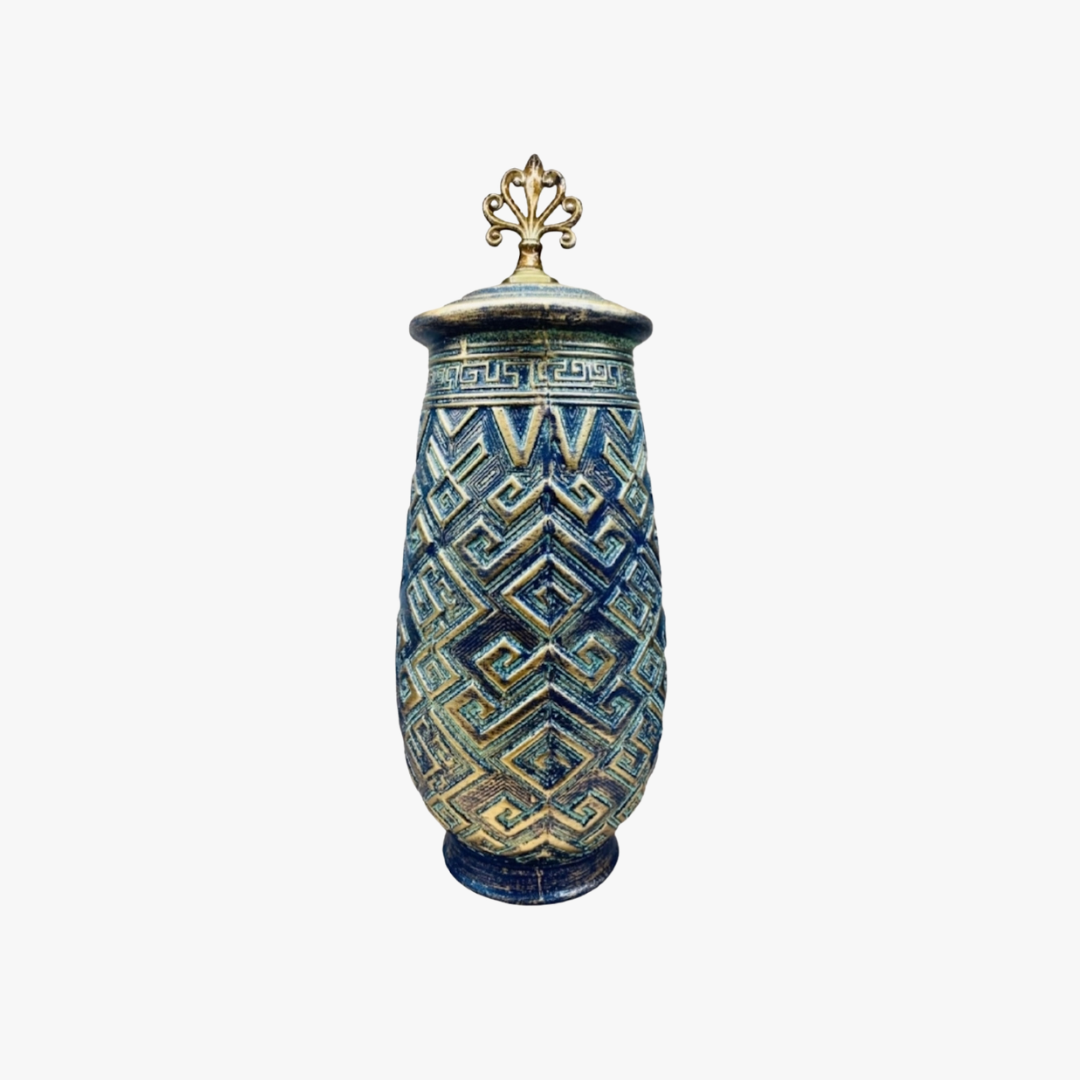 Elegant Blue & Gold Geometric Decorative Jar with Lid