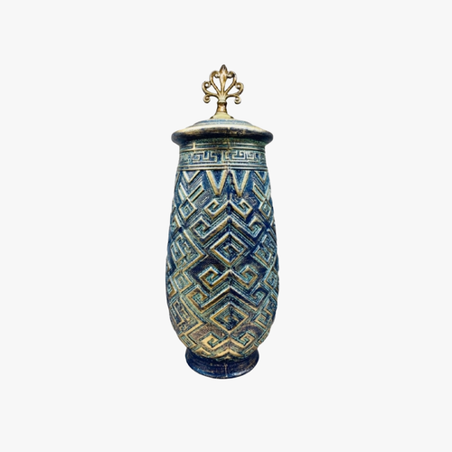 Elegant Blue & Gold Geometric Decorative Jar with Lid