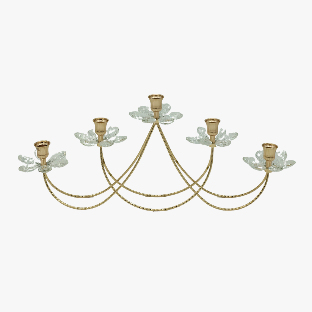 Elegant Textured Metal & Crystal Glass Floral Candle Holder