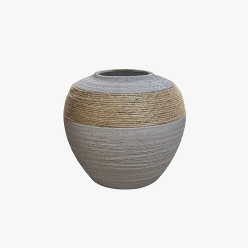 Grey Textured Round Flower Vase with Jute Rope