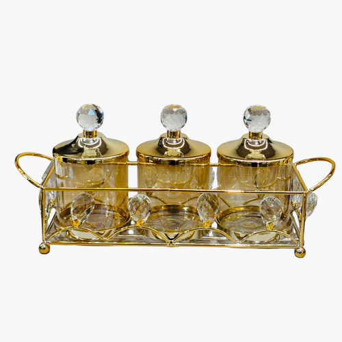 3 Piece Gold Jar Set with Crystal Knobs and Serving Tray