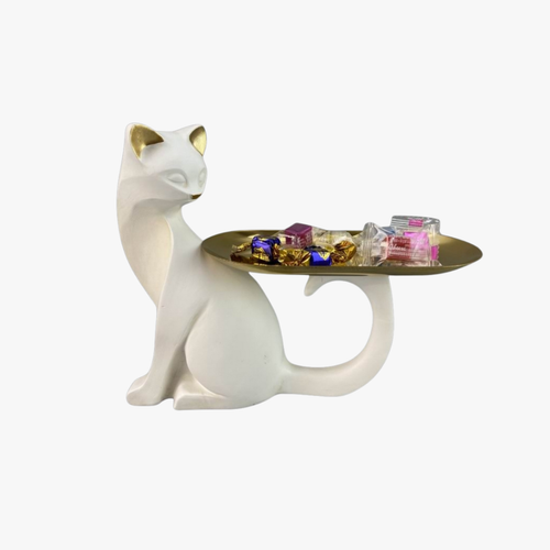 Minimalist Cat Sculpture with Gold Tray