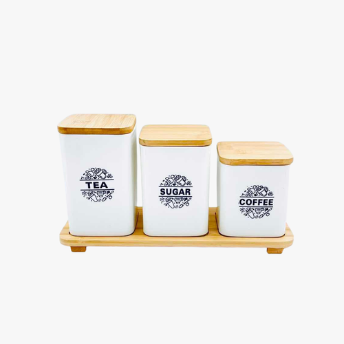 Nordic Ceramic Tea, Sugar & Coffee Jars on Bamboo Serving Tray