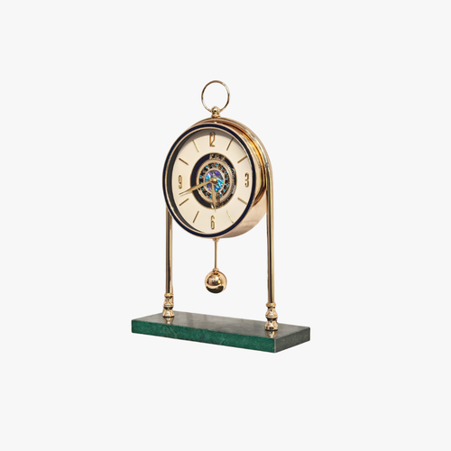Modernist Gold Arched Desk Clock with Exposed Gear Dial