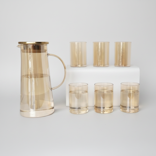 Elegant Amber Glass Pitcher and Beverage Glass Set 7 Piece