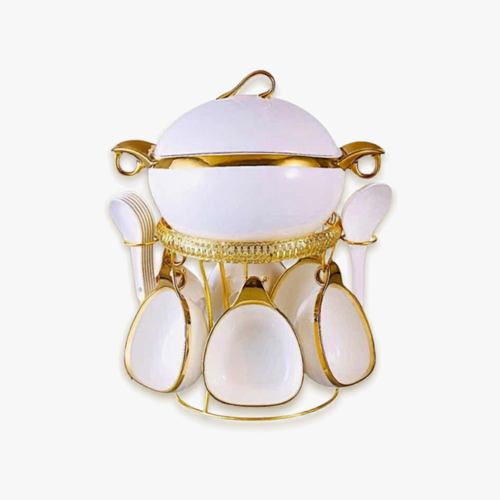 White & Gold Aura Ceramic Soup Serving Set