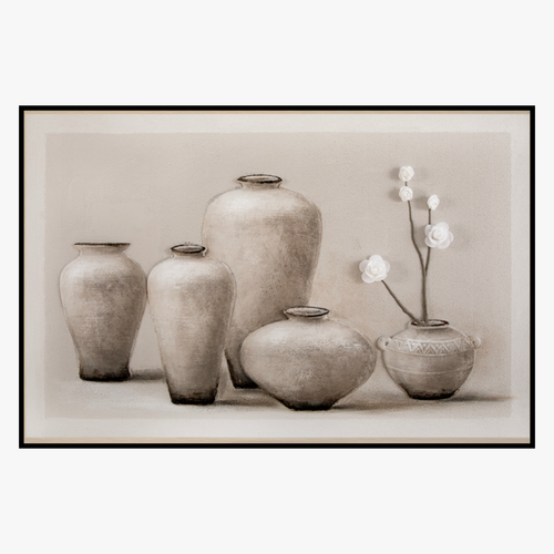 Rustic Earth Tone Vase & Floral Relief Framed Canvas Art