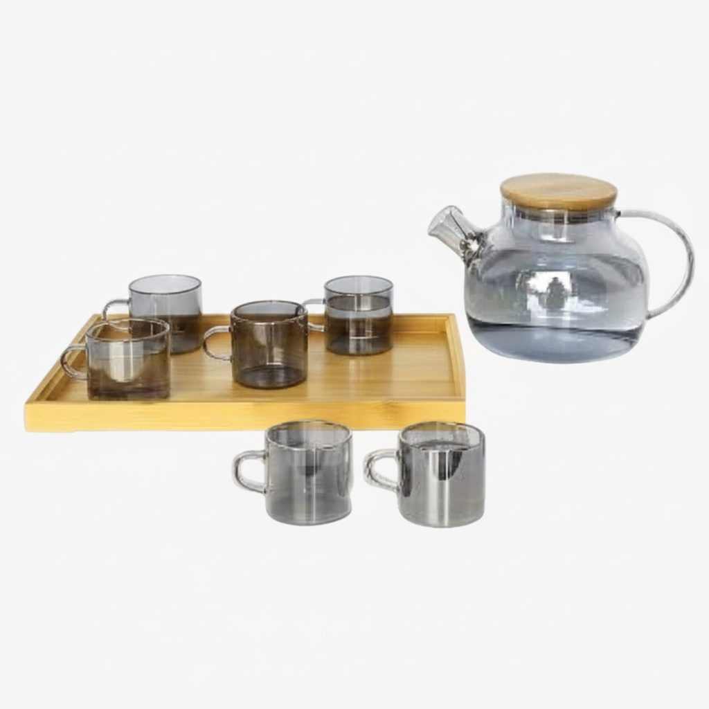 Kyoto Smoke Glass Pot & Cup Set with Tray 8 Piece