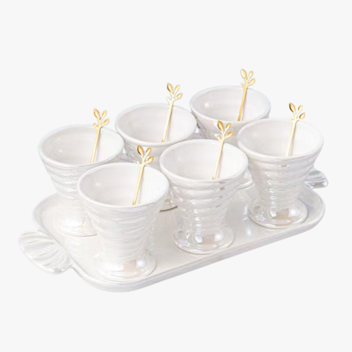 Elegant Ceramic Server Set with Golden Spoons & Tray