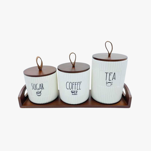 Rae Dunn Style Canister Set with Pull Lids & Wood Tray
