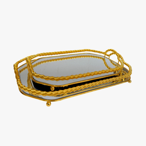 Elegant Metallic Gold Rope Mirror Tray Set of 2