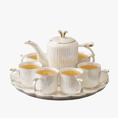 Pearlized Ceramic Tea Set with Gold Trim & Tray 8 Piece